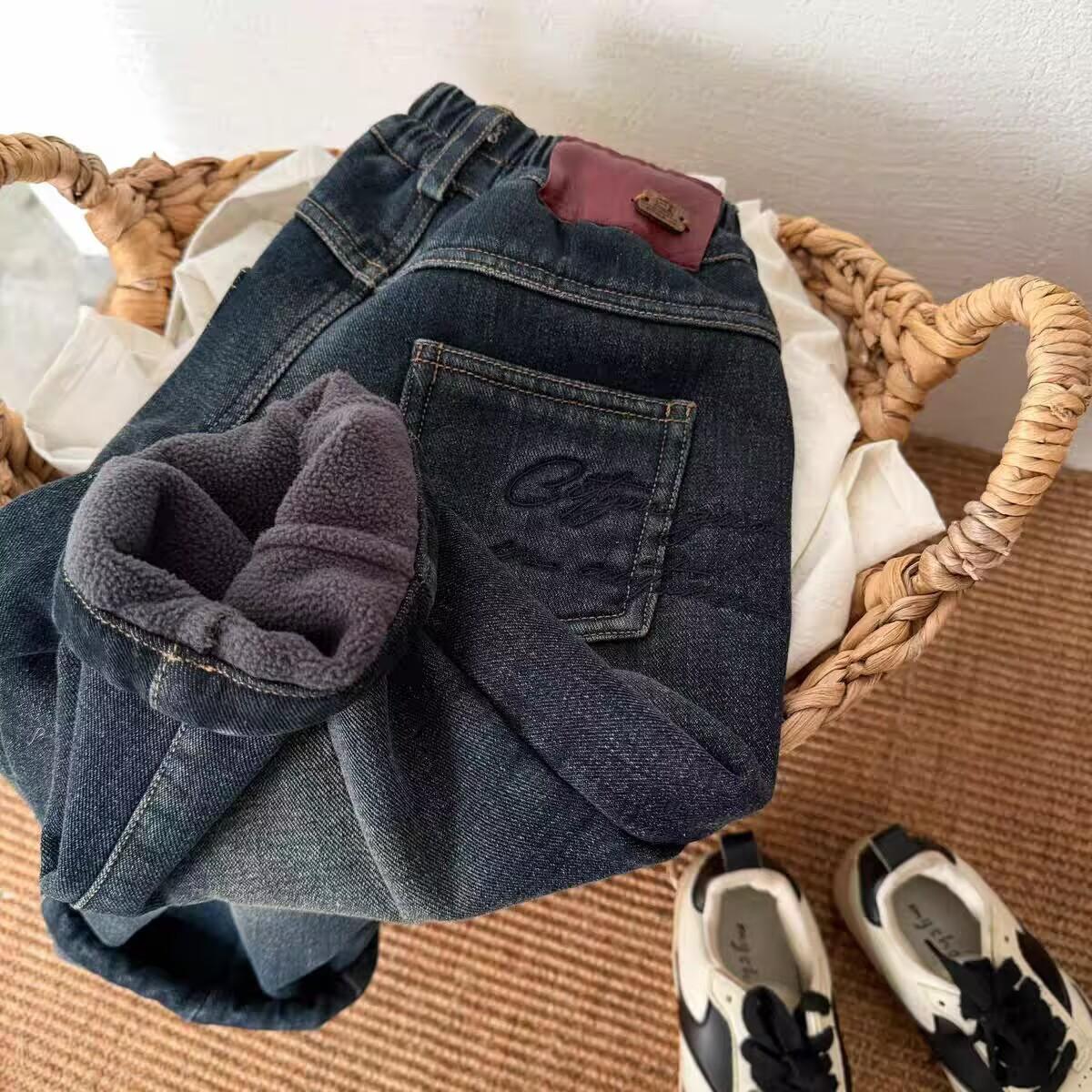Boys Fleece Lined Warm Denim Pants Autumn Winter Straight Leg Casual Trousers 80