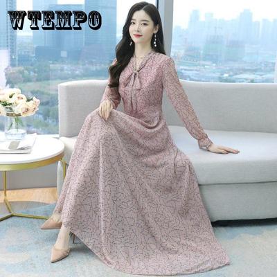 Chiffon Bowknot Dress Printed Base Dress Long Sleeve Floral Big Swing Long Skirt Large Size Women's Clothing Waist Waist Thin Thin Fabric