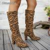 Fashion Sexy Leopard Soft Suede Pleated Knee-High Boots Women 2025 Autumn Pointed Toe High Heels Fashion Party Dress Slip on Booties