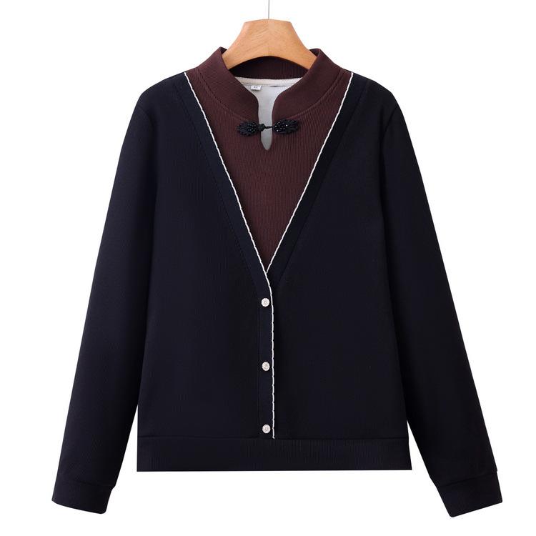 Mom's Spring and Autumn Style Fashionable Chinese Style Base Shirt Long-sleeved Clothes New Simple Knitted Sweater for Middle-aged and Elderly People