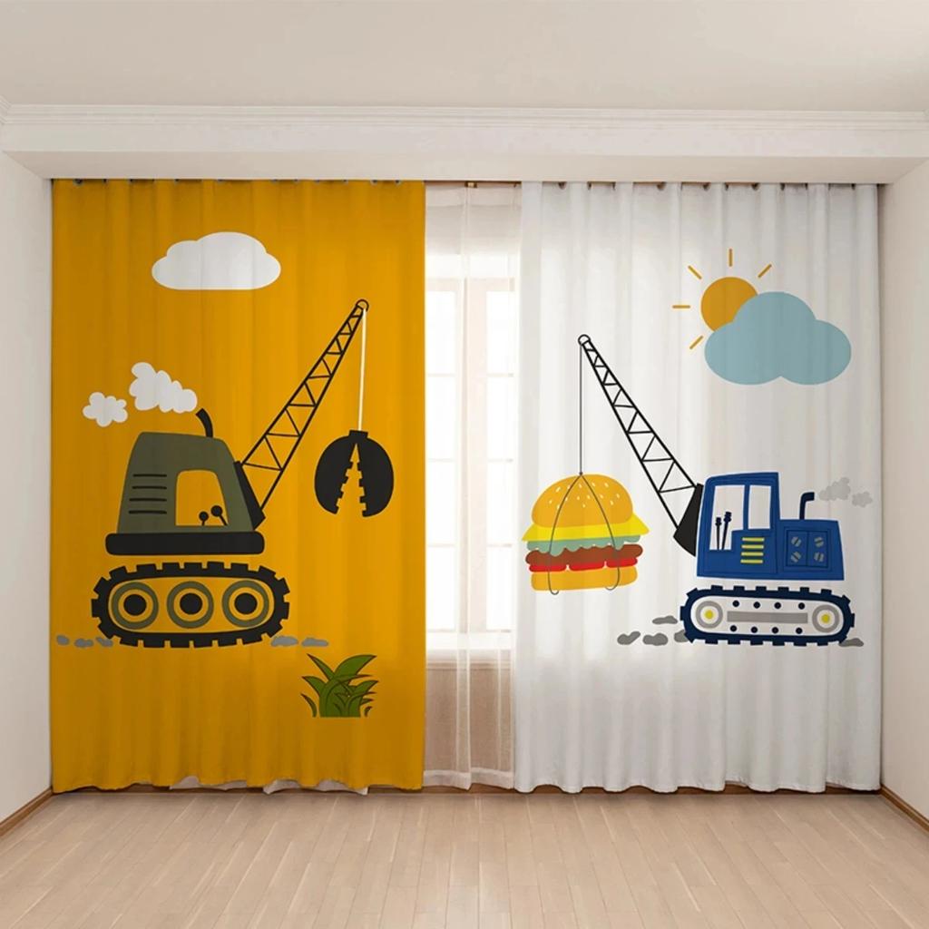 New Cute Blue Yellow Toy Car Excavator Curtain for Children's Room Boys Bedroom Baby Room Kindergarten Window 2Panel New Pattern