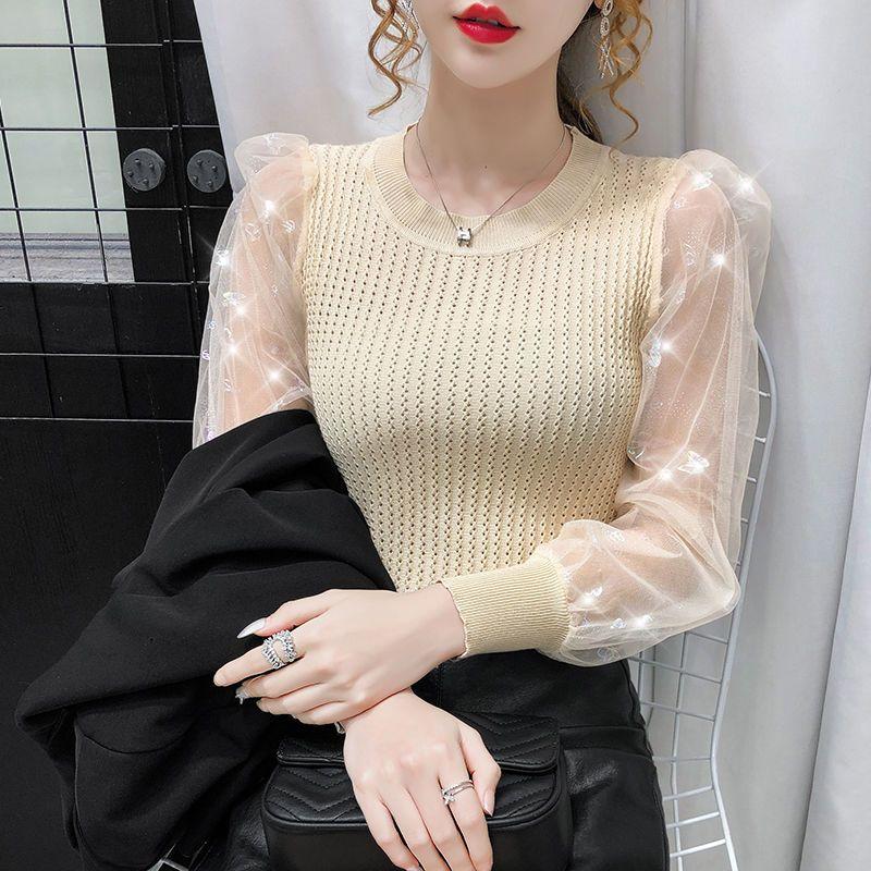 Autumn Slim Fit Elegant Mesh Panel Soft Style Short Knit Top Women's Long Sleeve