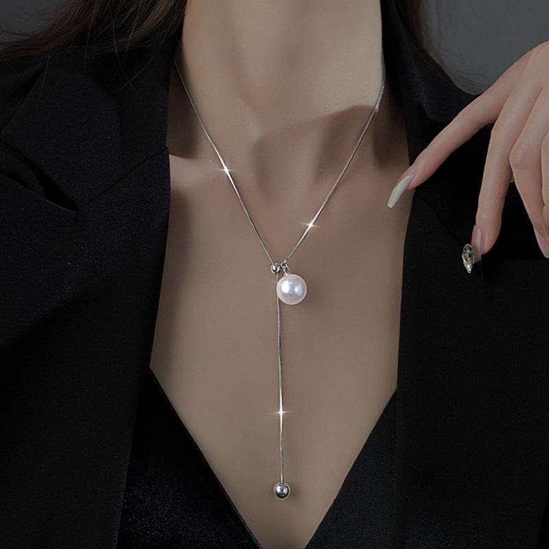 Fashion Zinc Alloy Color Pearl Tassel Necklace For Women Simple Metal Snake Bone Chain Pull Adjustable Sweater Chain Zircon Gifts