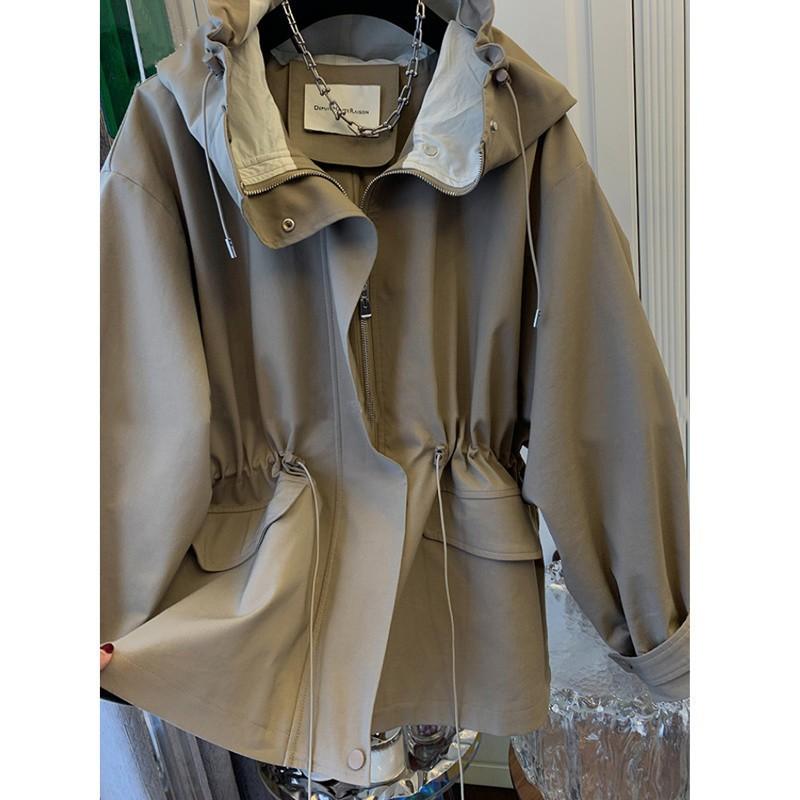Damen Frühling Herbst Koreanischer Design-Sinn Locker Lässig Windbreaker Dame Saum Kordelzug Taille Kapuzenoberteil