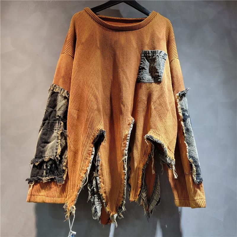 Women's Fall/Winter Unique Patchwork Asymmetric Sweater Retro Distressed Tie-Dye Long-Sleeve Knit Sweater