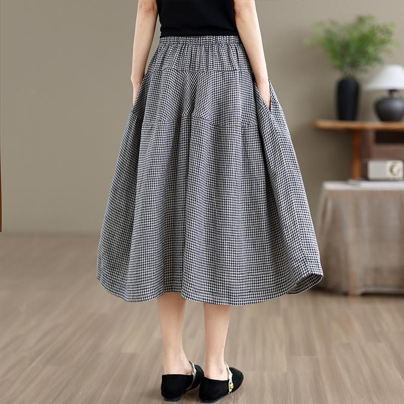 DIMANAF 2026 Summer New Plus Size Women Long Pants Cotton Vintage Loose Elastic Waist Casual Lady Bottoms Print Plaid Black