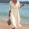 VEZFAA Women's Fashion Summer Spring Solid Color Print 1/2 Sleeves V-Neck Loose Waistline Casual Dresses