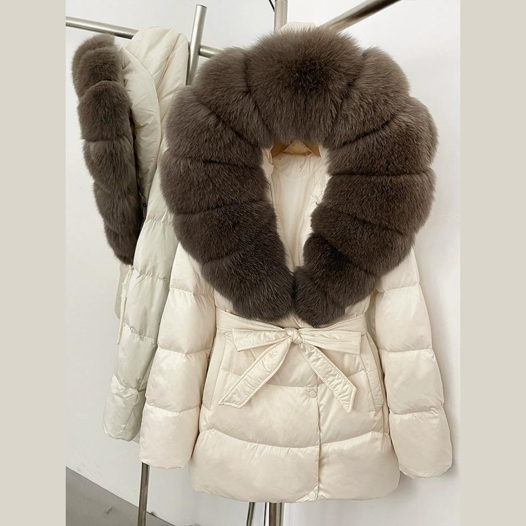 Winter Fox Big Fur Collar High-end Thickened Down Jacket Women's Mid-length Waist Imitation Leather Jacket