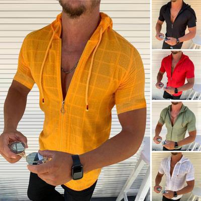 Men's Hooded T-Shirt Short-Sleeved Checked Zip-up Tee Shirt Casual Thin Summer Top for Sports Leisure Outdoor Beach