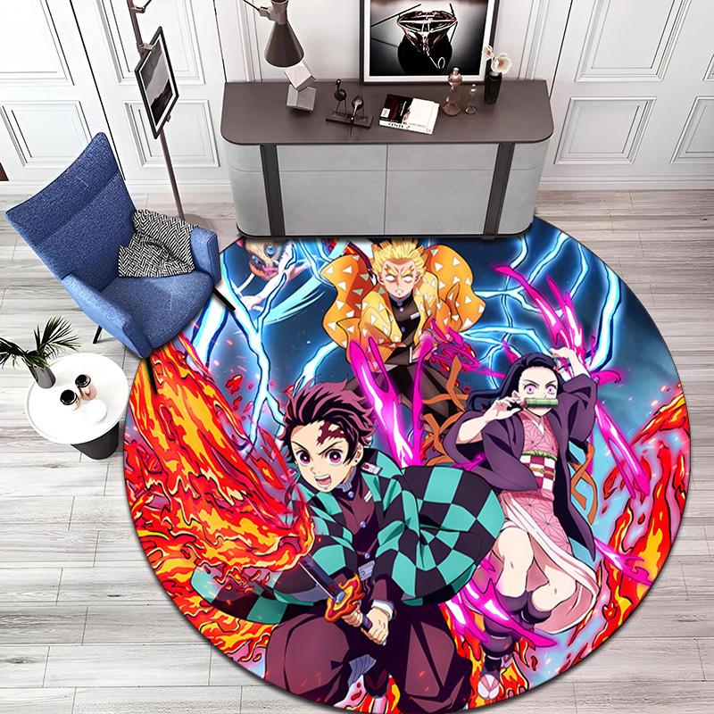 Classic Japanese-style Cartoon Demon Slayer Round Rug, Home Soft Decorative Anti-slip Yoga Mat and Chair Mat, Outdoor Floor Mat Carpet K6