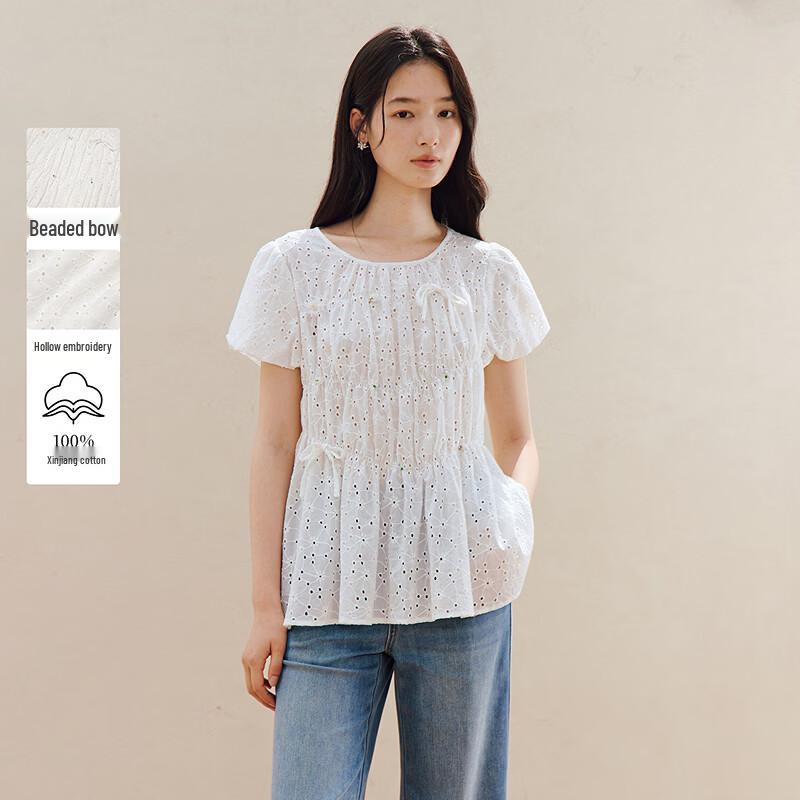 Inman Women s Beaded Embroidered Puff Sleeve Cotton Shirt S