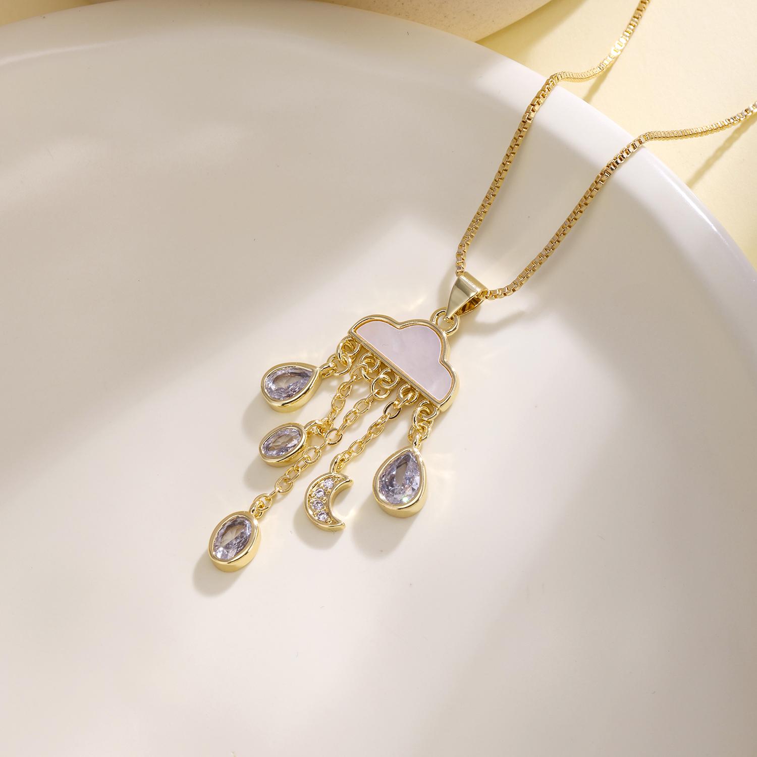 

Nidin New Arrival Shell Cloud Pendant Necklace For Women Cubic Zirconia Moon & Raindrop Tassel Necklaces Fashion Jewelry Gifts