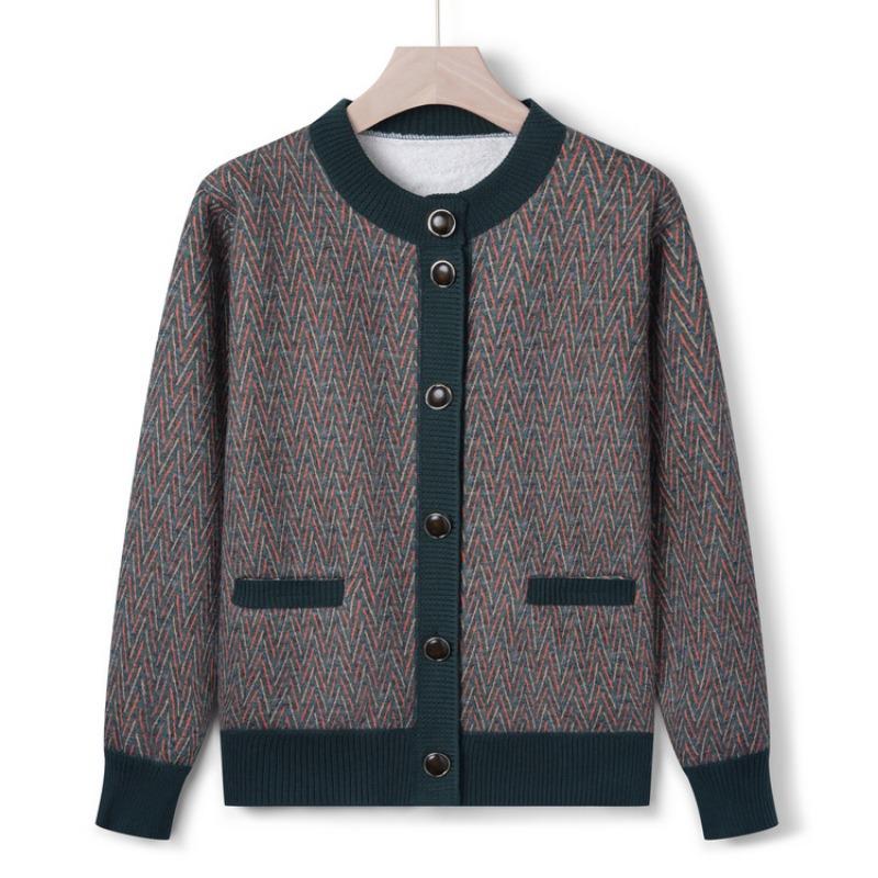 

Middle-aged and old velvet mother outfit autumn and winter round neck thickened knitted cardigan female grandma loose casual coat 5XL (recommended 150-82.5kg) зелёный