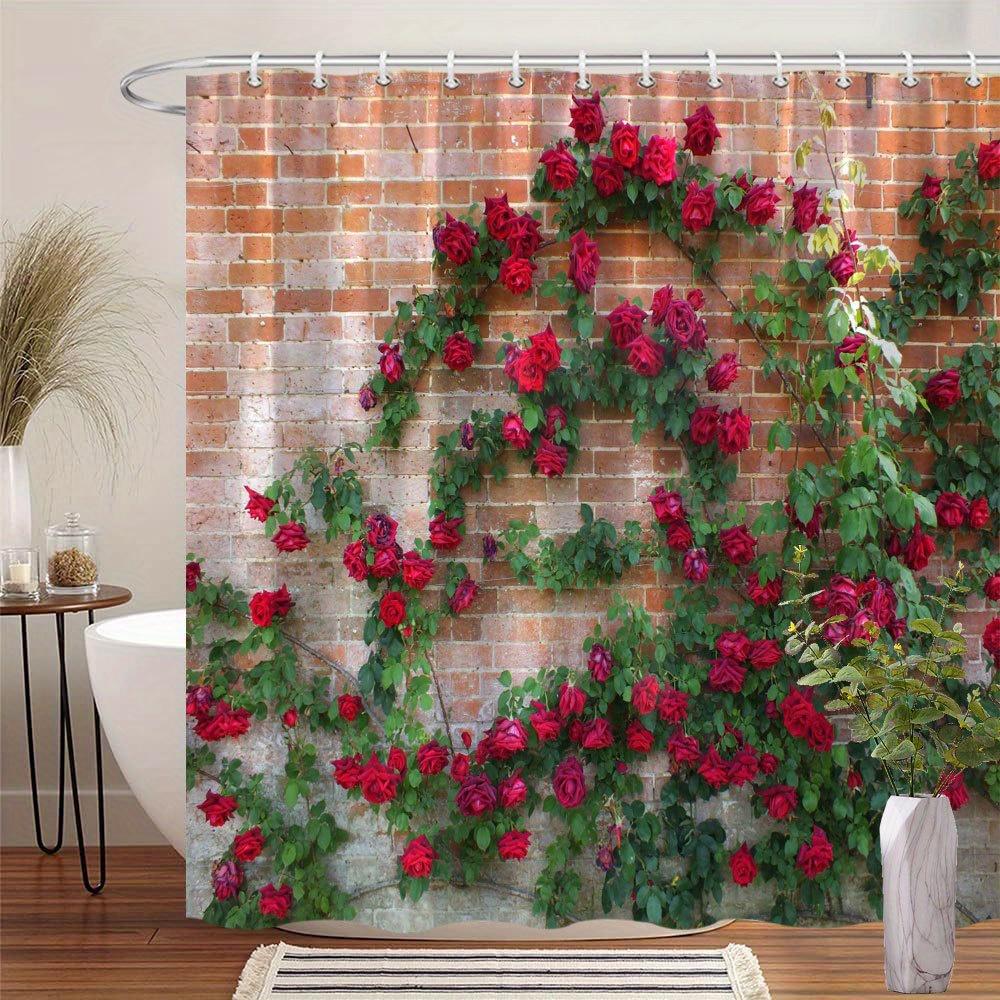 Enhance Your Bathroom with a Waterproof Shower Curtain Featuring Vibrant Red Roses on Brick Wall for Elegance and Charm