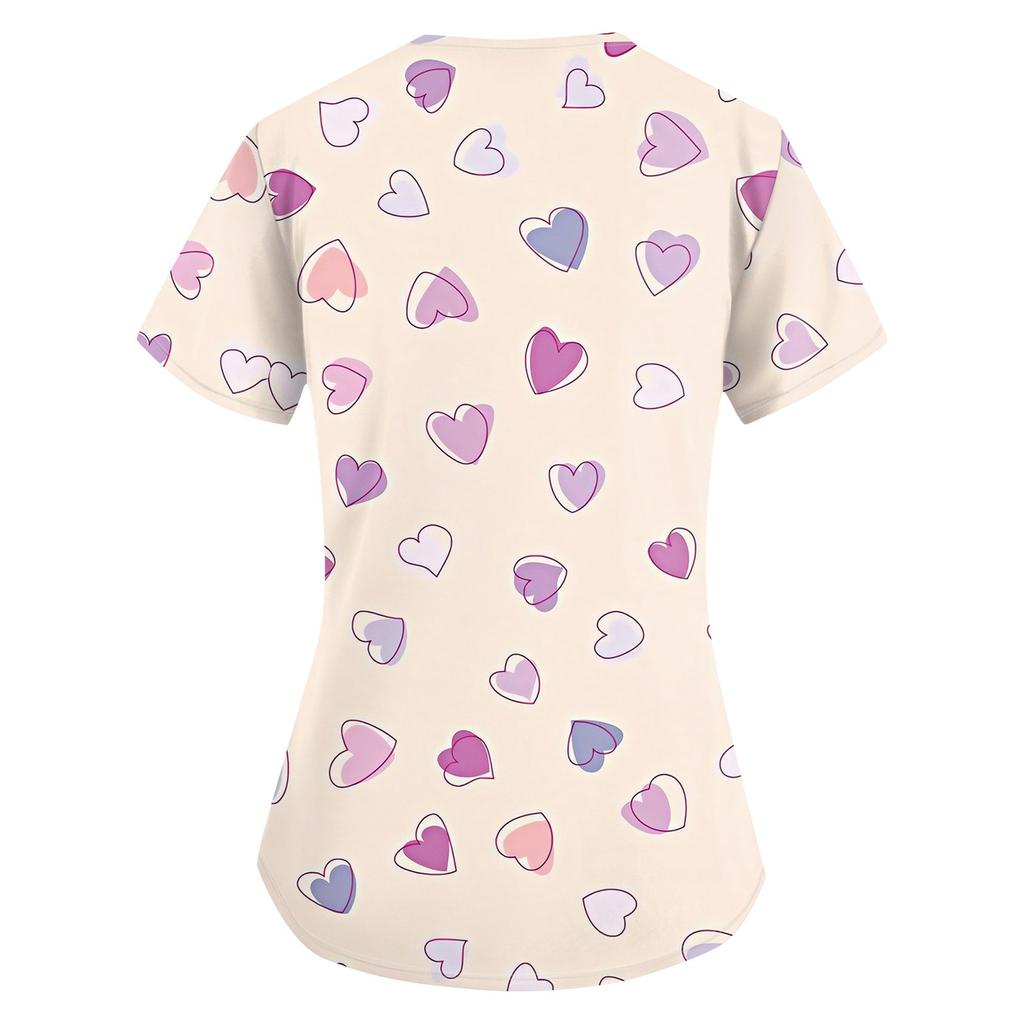Damenmode V-Ausschnitt Kurzarm Arbeitskleidung mit Taschen Valentinstag bedruckte Tops