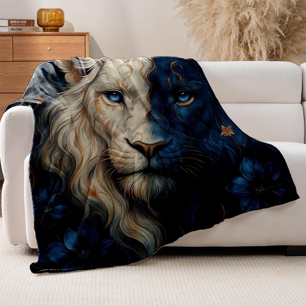 1pc Luxurious Lion King Print Plush Fleece Blanket - Blue & Golden White Lion Mane & paws, All-Season Soft Bedspread for