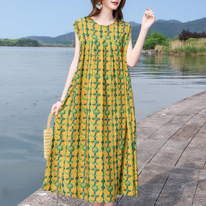 Casual Beach Dresses for Woman Plus Size Loose Vintage Print Long Sleeveless Dress Summer Women's Clothing