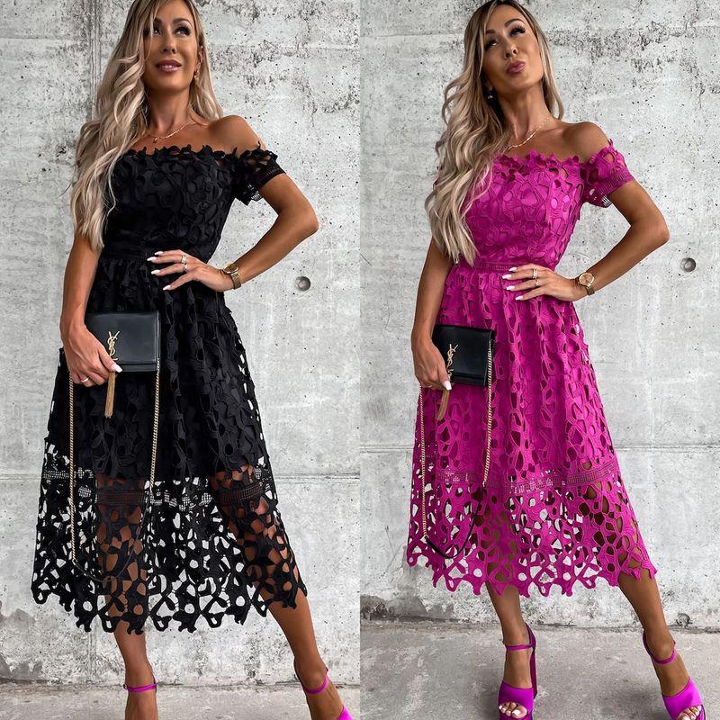Lace European and American-Style off-Shoulder Casual Dress