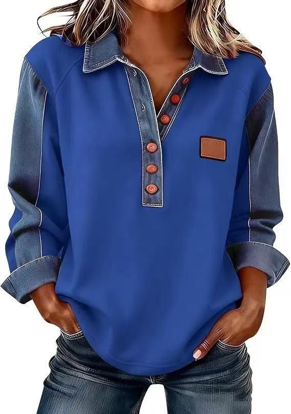 2026 new European and American style 3D printing color matching denim knitted sweater women's loose long-sleeved lapel pullover cross-border explosion