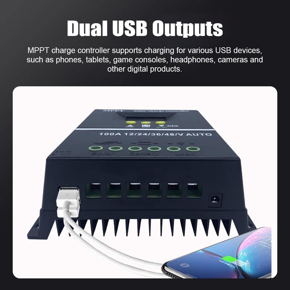 100A MPPT Solar Charge Controller for 12 24 36 48V Auto RV Acid Lithium Battery LCD Display Dual USB Intelligent