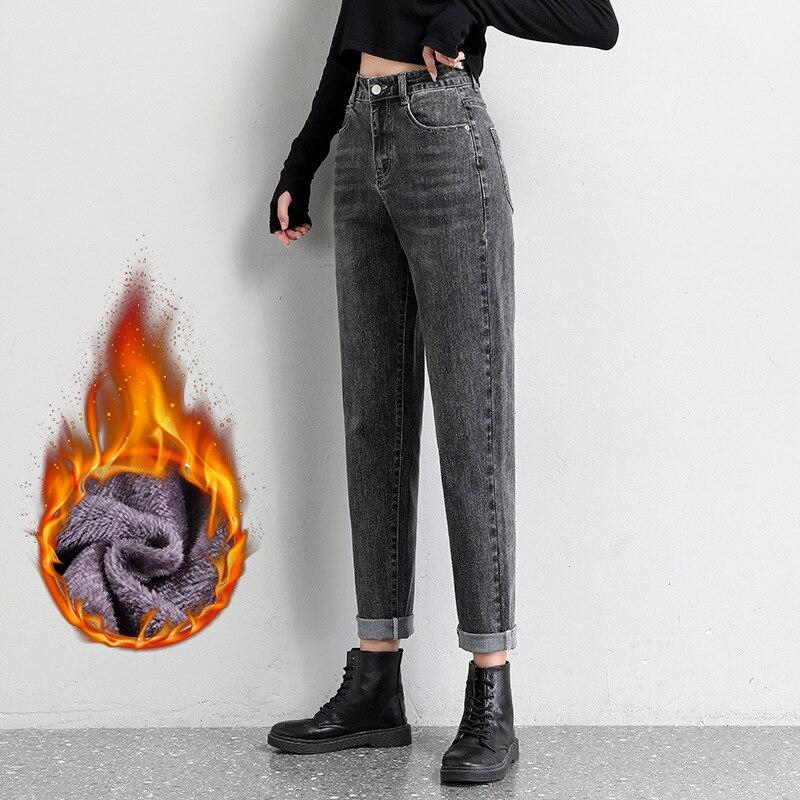 

2022 зимние корейские модные теплые удобные свободные повседневные джинсовые брюки с высокой талией, теплые флисовые уличные джинсы в стиле Харадзюку 32 серый