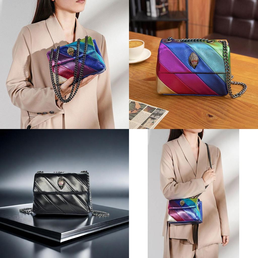 Stylish Colorful Rainbow Patchwork Shoulder Bag With Chain Strap For Women