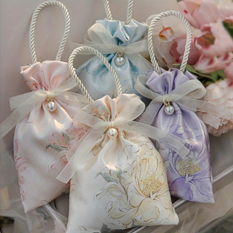 10Pcs Wedding Candy Bags, High-End Wedding Candy Boxes, Portable Candy Bags, Light Luxury Floral Fabric Bags With Pearls And Ribbons
