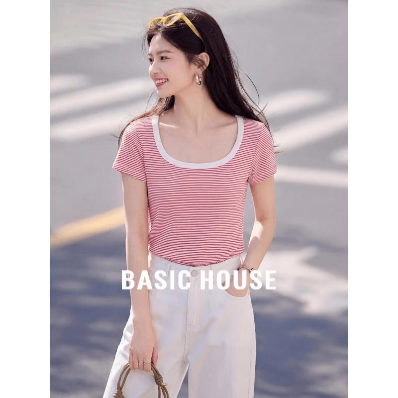 Basic House Women s Striped Cotton U-Neck T-Shirt L