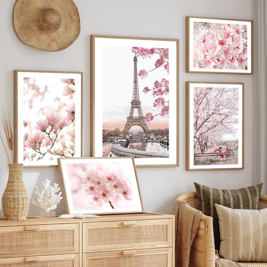 Rosa Körsbärsblommor Tåg Eiffeltornet Paris Cykel Nordiska Affischer och Tryck Duk Målning Väggkonst Bilder Vardagsrum Heminredning