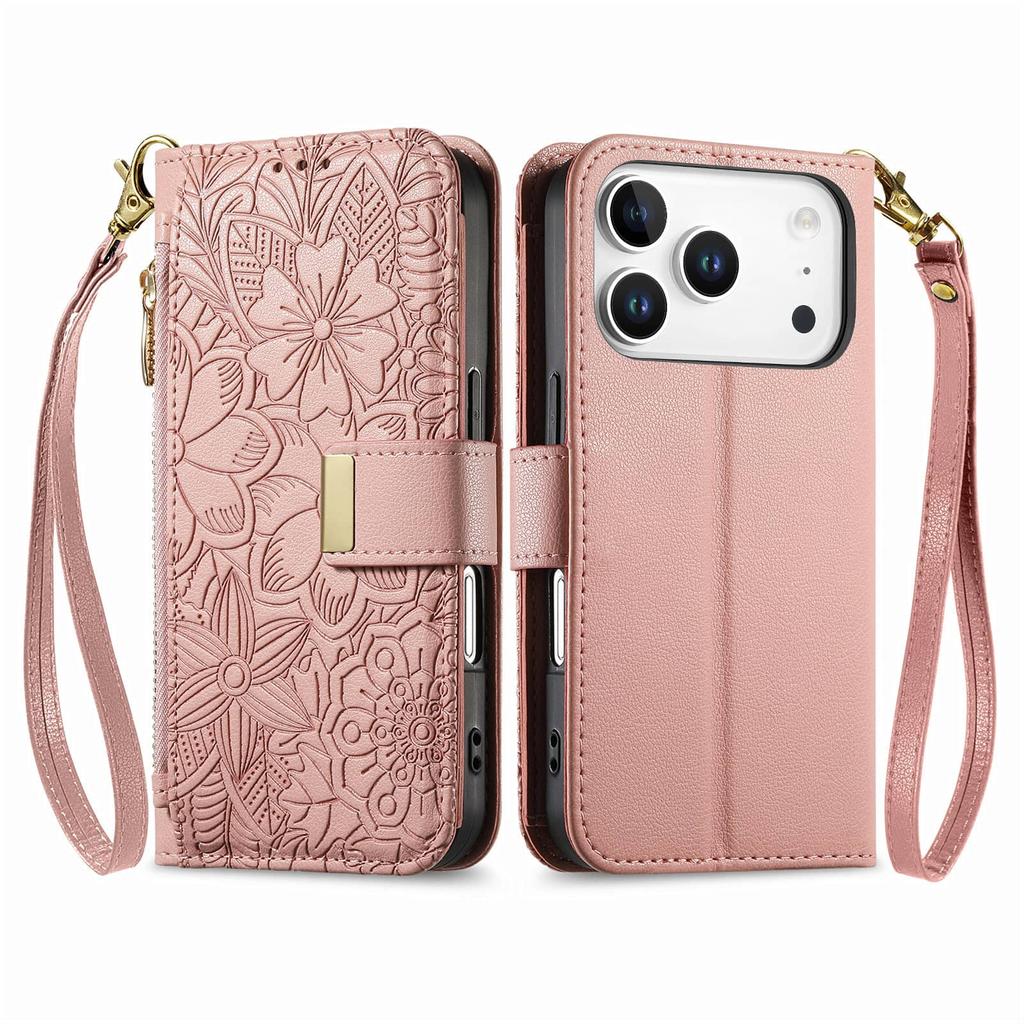 Wallet Case for iPhone 17/16e/16 Plus/15/14/13/12 Pro Max Lanyard Zipper Dual Card Holder Flip Stand Magnetic Buckle Cover