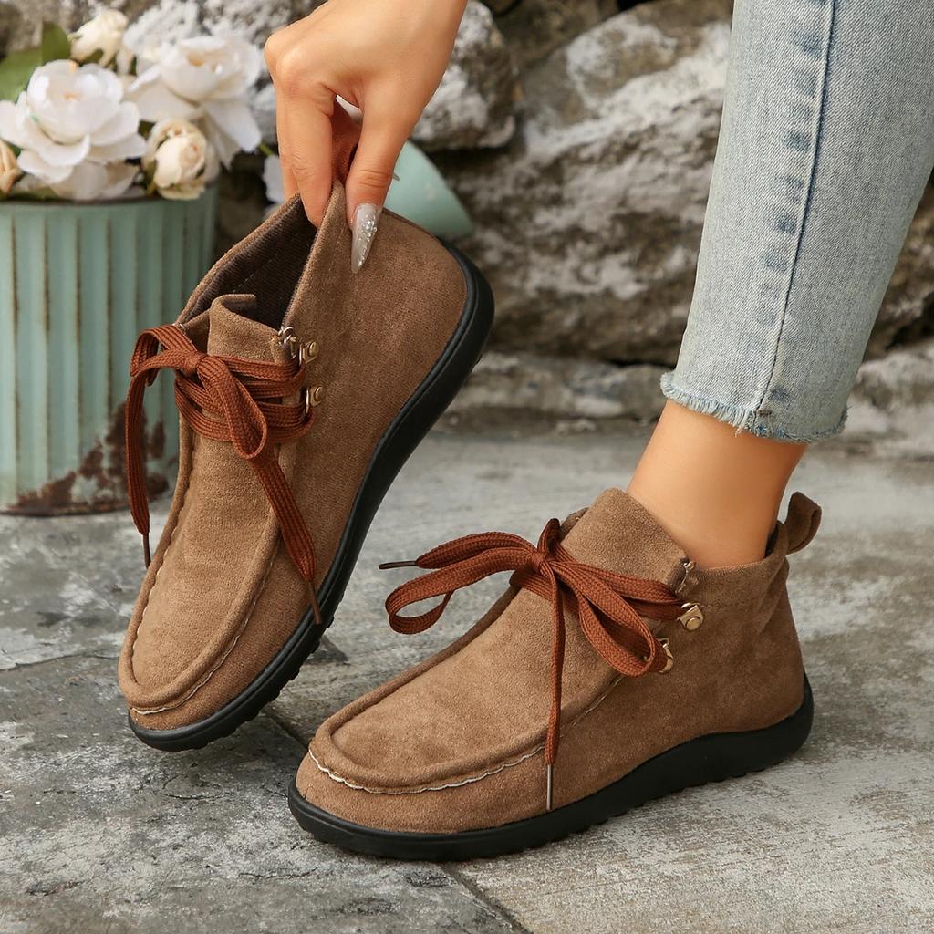 Fashion Fall Women's Fashion Flats Single Ankle Boots Autumn New Round Head Suede Front Lace-up Soft Sole Non-slip Walking Shoes Sneaker