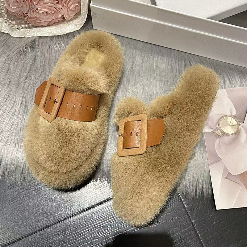 Baotou Mao Mao Slippers Women Wear New Thick-soled Belt Buckle Without Heel Lazy Half-drag Niche Cotton Slippers
