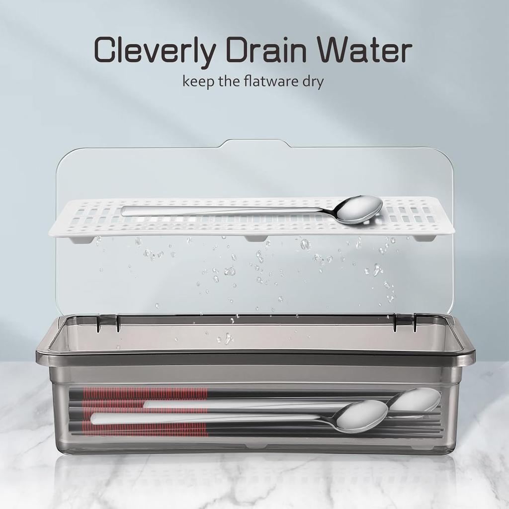 Flatware Trays with Lid 3 Pcs Cutlery Chopsticks Organizer Drain rack for Kitchen Drawer, Silverware Holder Storage Box with Cover, Utensil Drawer