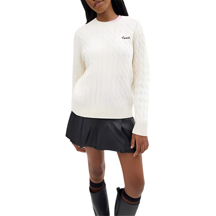Coach FW24 Solid Color Round Neck Cable Knit Long Sleeve Sweater Women sweater Ivory CY564-IVO
