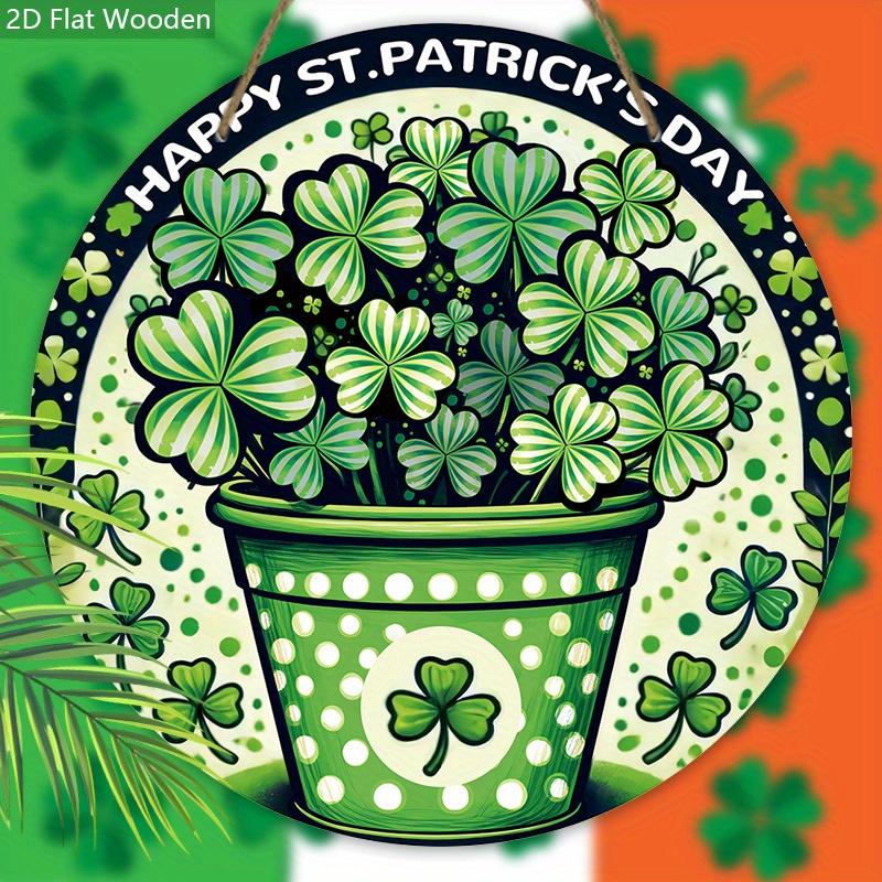 Rustic Wooden Sign with  Shamrock Lucky Clover Pattern, Round Sign for Front Door, Wall Hanging Decor - Ideal St Patricks Day Gift for Family & Friend