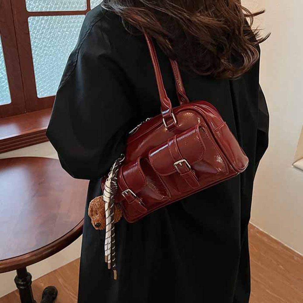 Korean Style PU Bowling Bag Handbag Underarm Bag Casual Pocket Boston Tote Bag  Portable