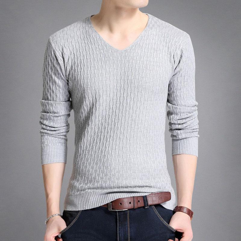 2025 Autumn New Solid Color V-Neck Pullover Men'S Knitted Sweater Slim Fit And Slimming Long Sleeved Sweater For Men