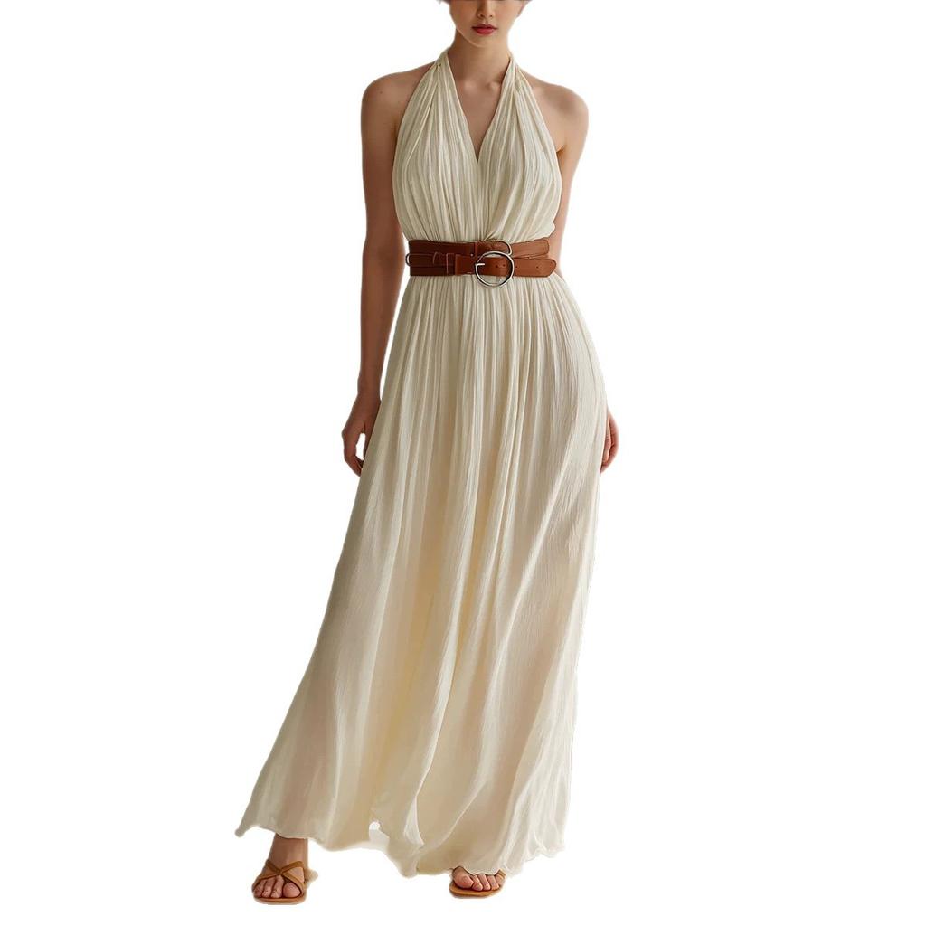 2026 Summer New Beige Neck Dress Women's French V-neck Pleated, Long Dress Holiday Style Temperament Big Swing Dress