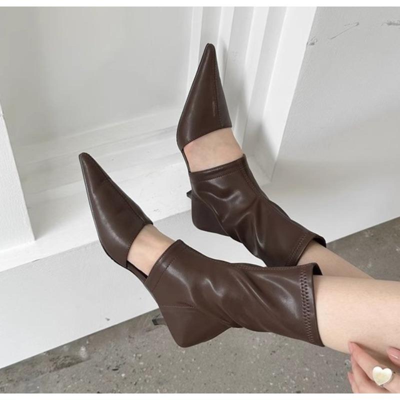 

Новые черные туфли-ботильоны с острым носком и вырезами, на высоком каблуке, эластичные, женские, туфли для платья, шпилька, модная обувь Mujer 40 коричневый