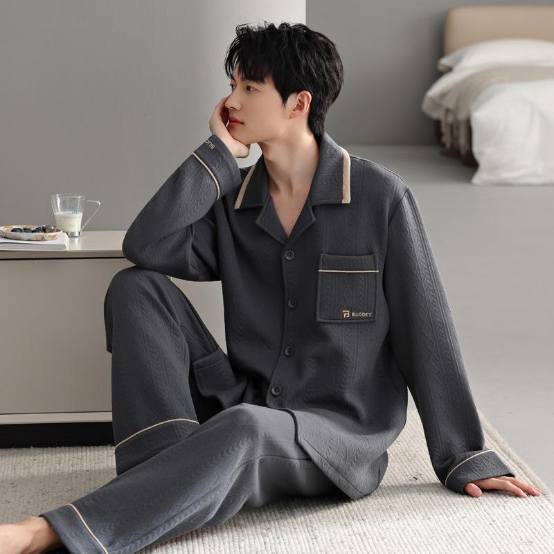 Pajamas Men'S Spring And Autumn Thickened Pure Cotton Long Sleeve Men'S Autumn And Winter Air Cotton Mezzanine Thin Cotton Loungewear