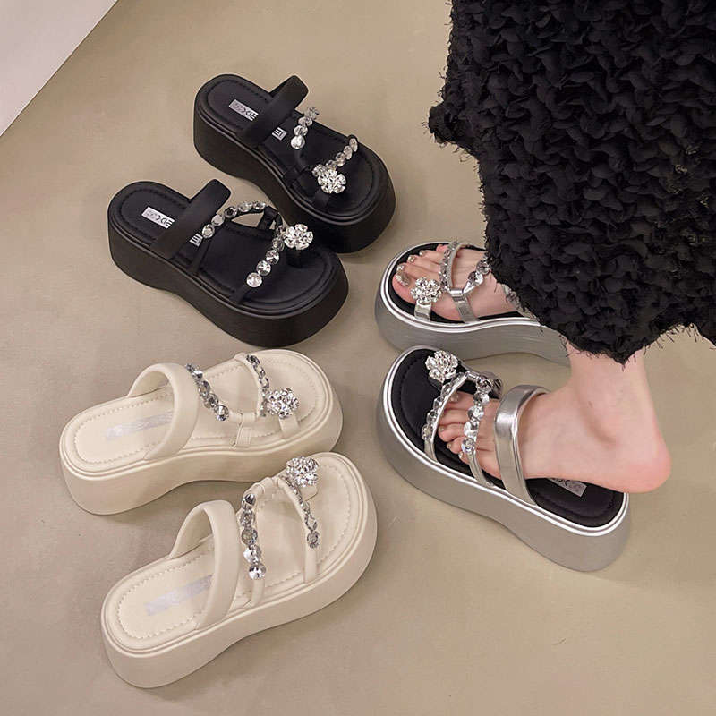 Fashion cover with skirt, toe rhinestone high-heeled sandals for women's summer wear 2025 new muffin thick-soled heightening cool slippers
