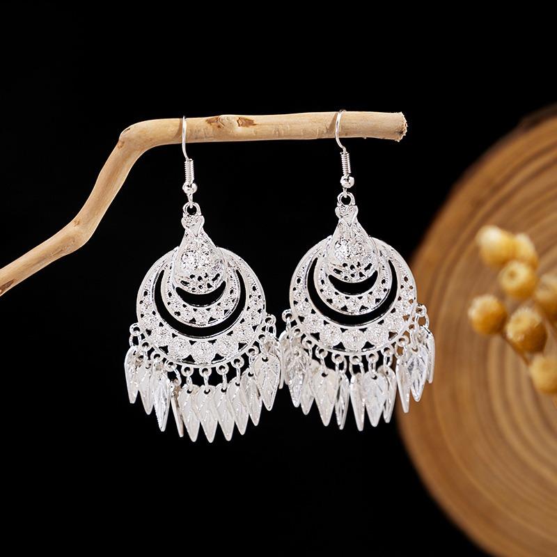 Miao geometric bells, fringed earrings, minority earrings, bohemian long leaf earrings