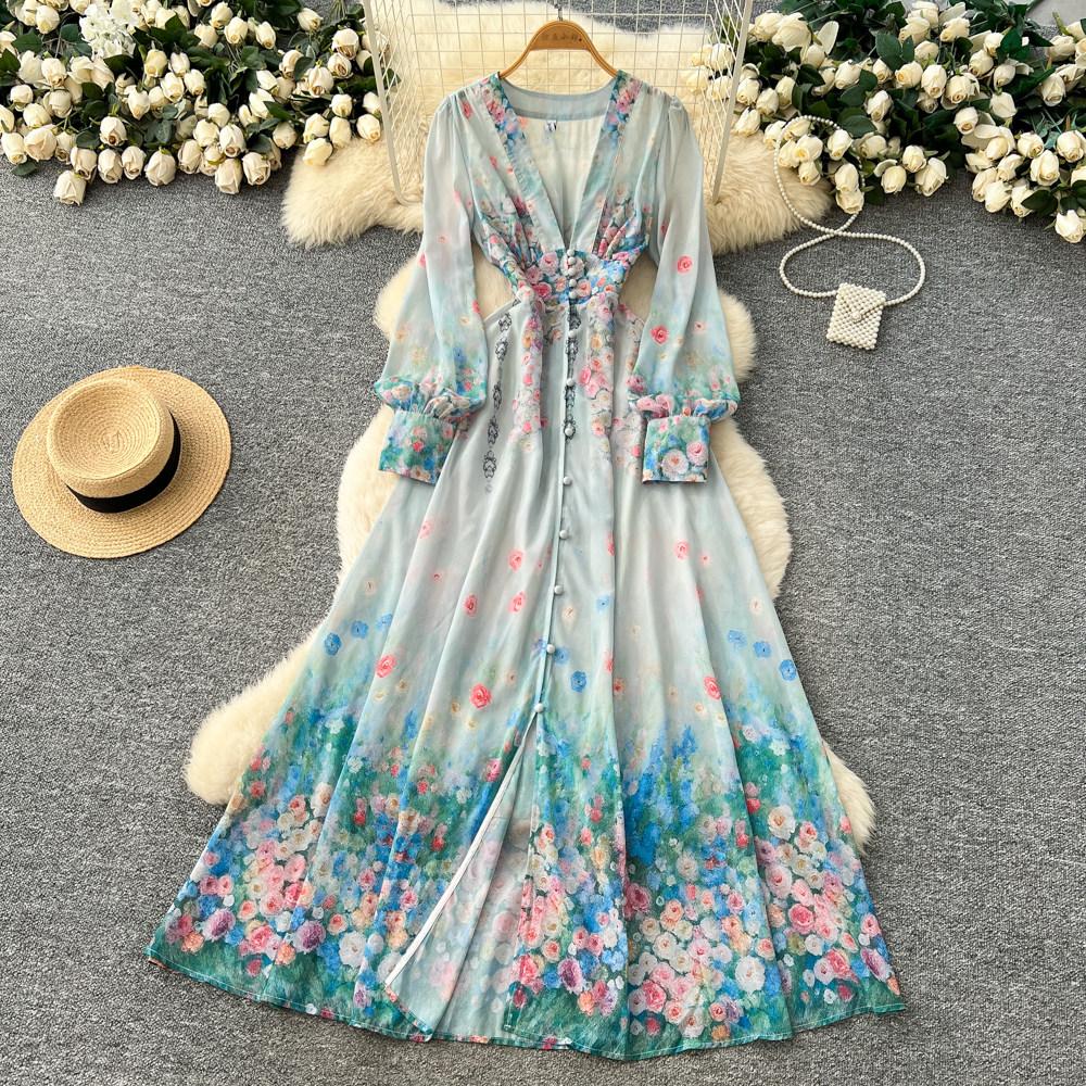 Palace Floral Maxi Dress Women Summer Holiday Chiffon Long Dresses Shirt 2026 Spring Long Sleeve Single Breasted Party Dress