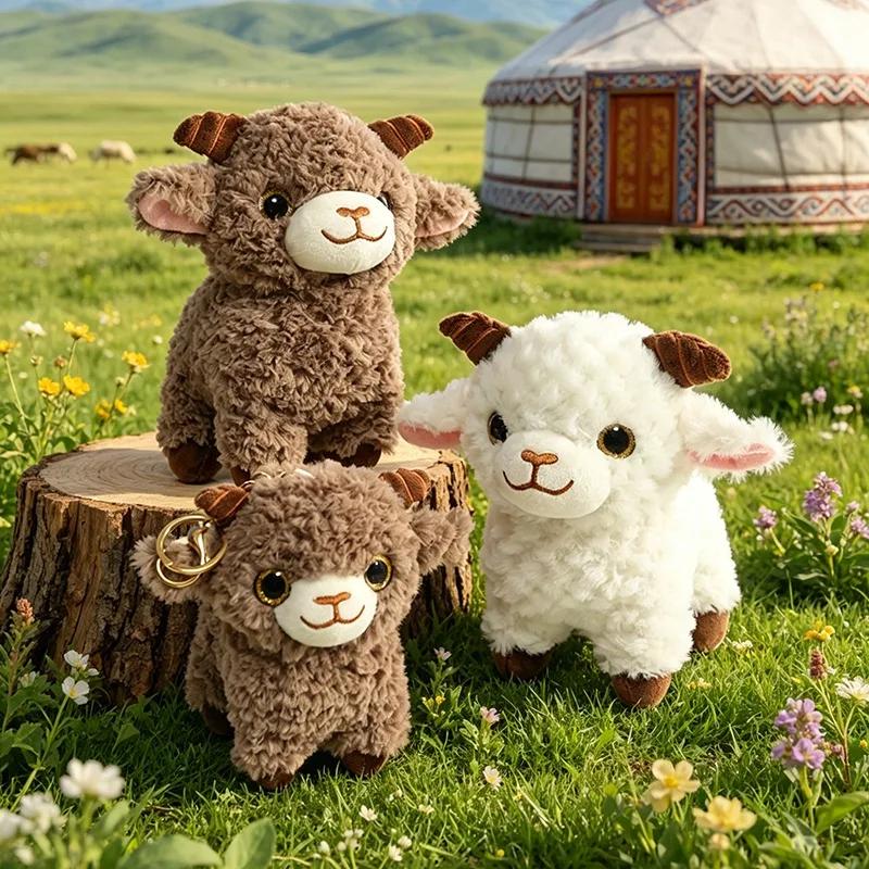 Fluffy Plush Sheep Keychain Adorable Mini Stuffed Animal Pendant with Golden Bow Sturdy Clasp for Purse Car Key