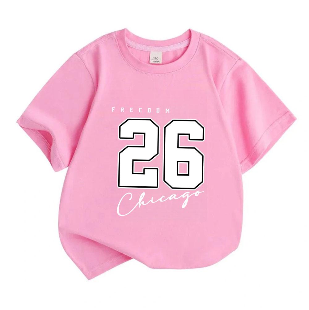 Kids Boys Girls 100% Cotton Crew Neck Short Sleeve T-Shirt, Freedom 26 Chicago Print Casual Summer Comfortable Soft Daily Tee for Children