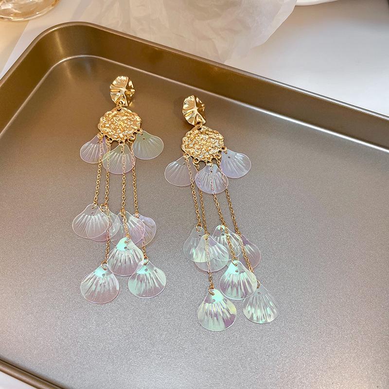 Silver Needle Colorful Seashell Tassel Earrings - Geometric Long Chain Ear Studs, Elegant and Feminine Jewelry