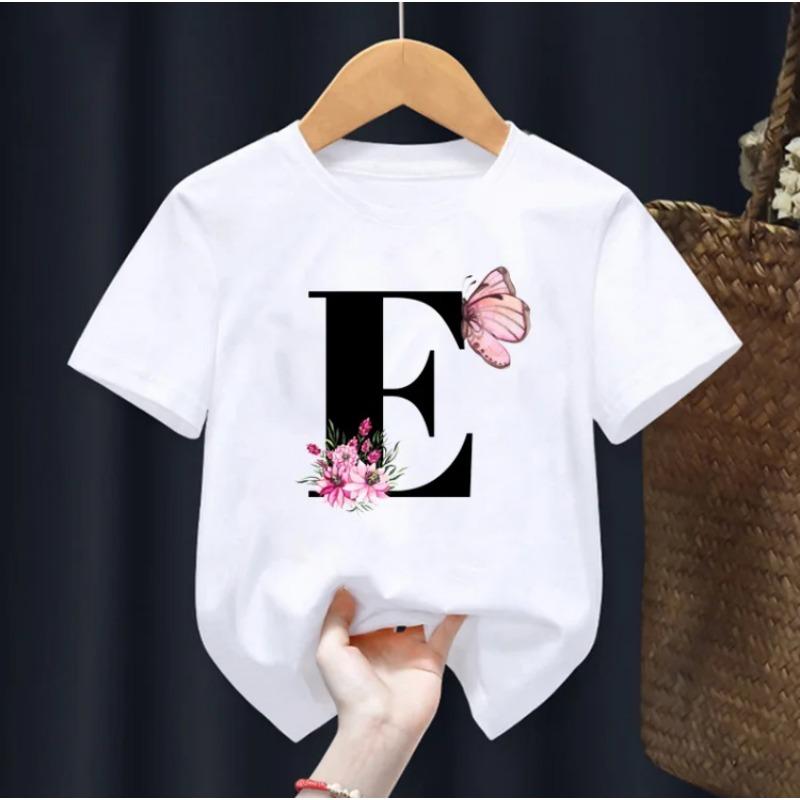 Summer Beautiful Letters Pink Flowers and Butterflies Printed Kids T Shirt Girls Tops Casual Baby Girl T-Shirt  Fashion Short