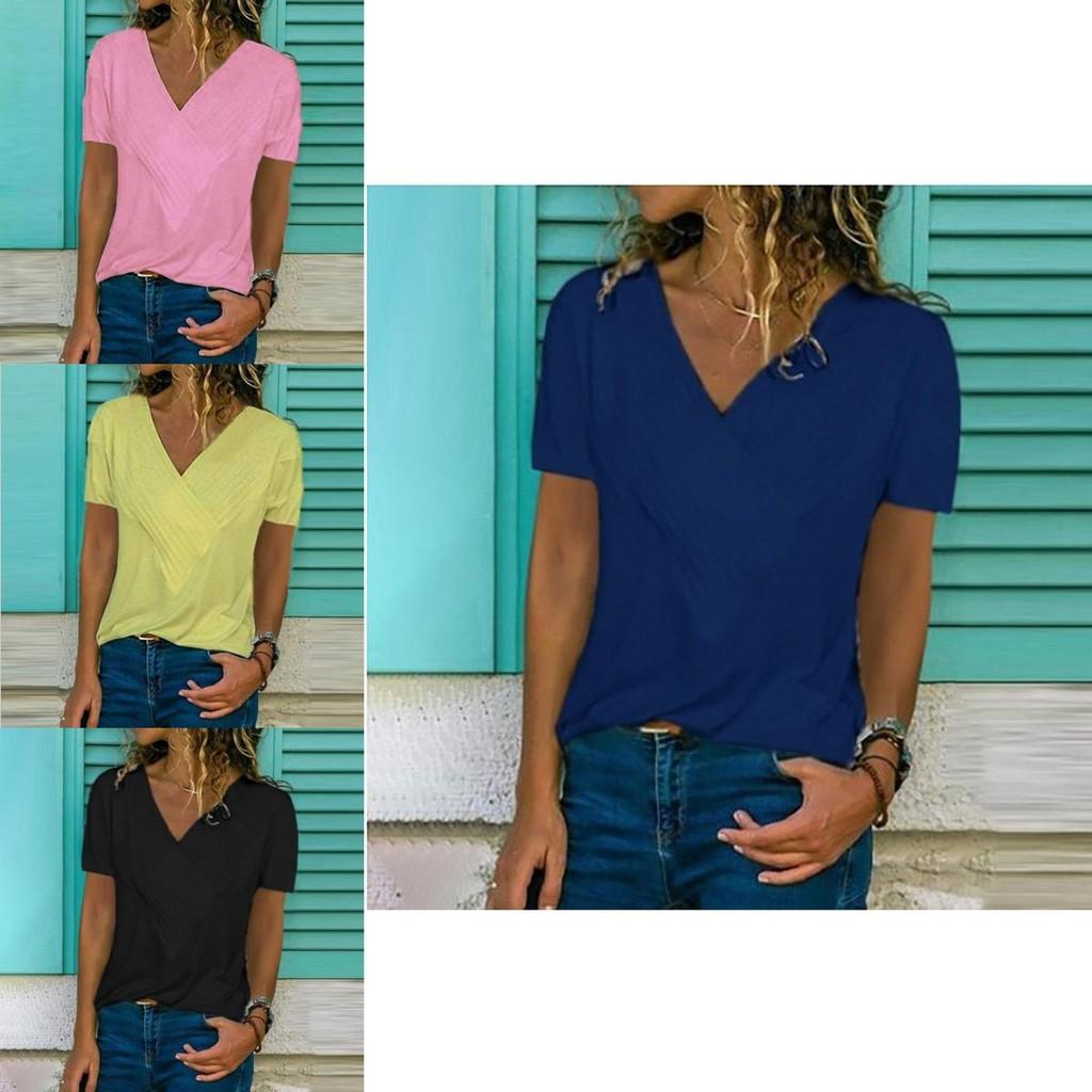 Women's V-neck Tunic Short Sleeve Loose Top T-shirt Plus Stylish Blouse Option