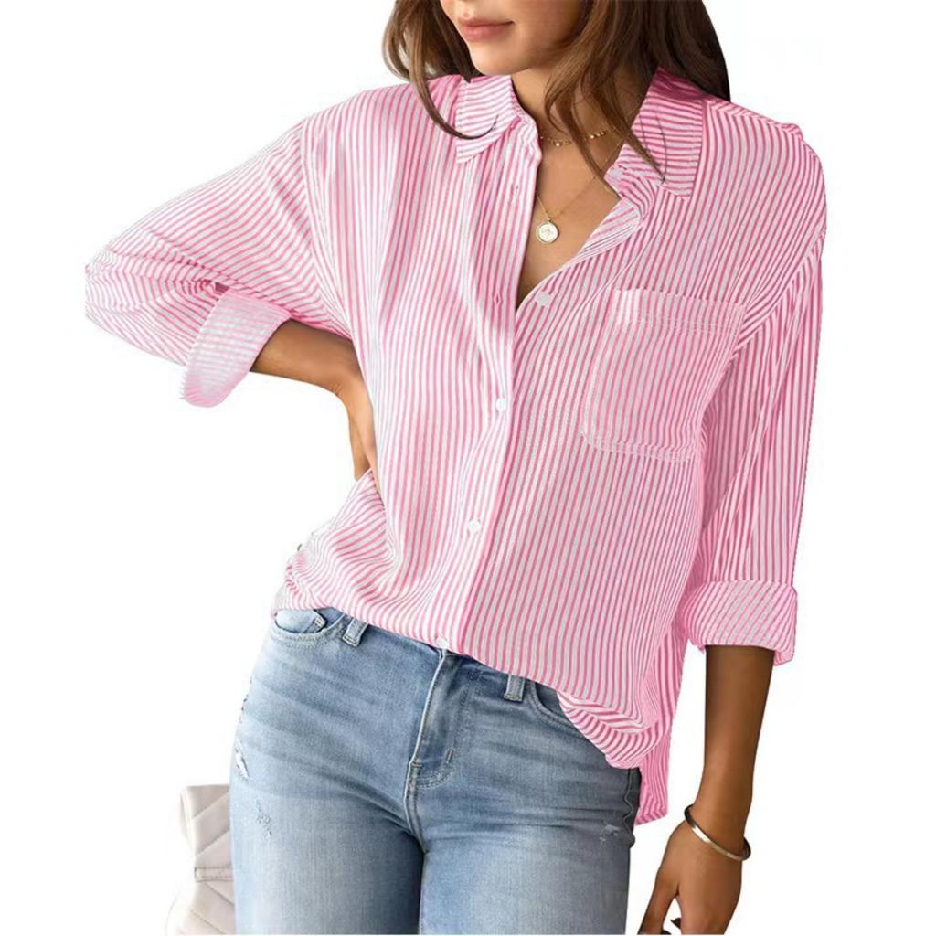 Women's Turn Down Collar Long Sleeve Loose Fit Striped Button Down Shirt Blouse