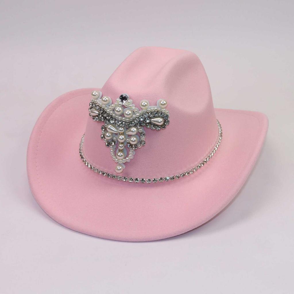 European and American big pearl rhinestone bright diamond western cowboy top hat men and women travel party casual jazz hat felt hat